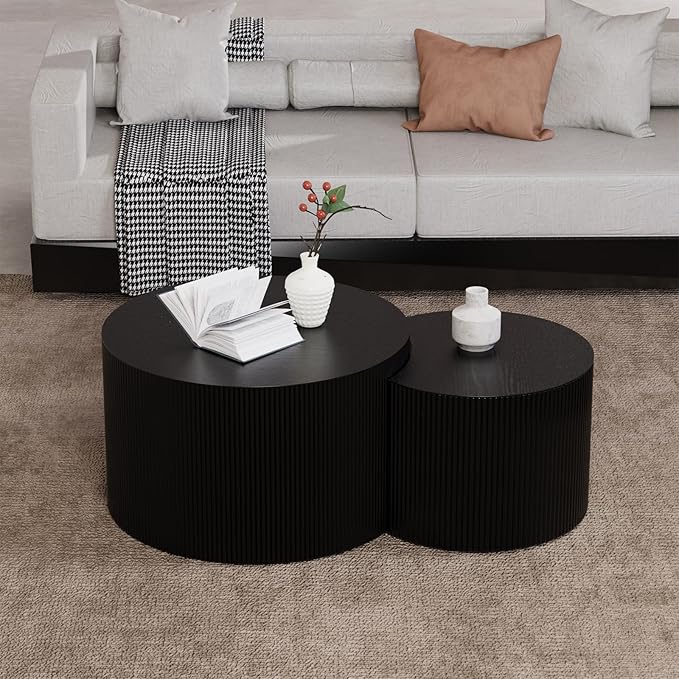 Nesting Coffee Table Set of 2 Modern Round Coffee Table with Non-Slip Feet Wood Drum Circle Accent Tables End Table Set for Living Room Bedroom Office (Black Crescent Set)