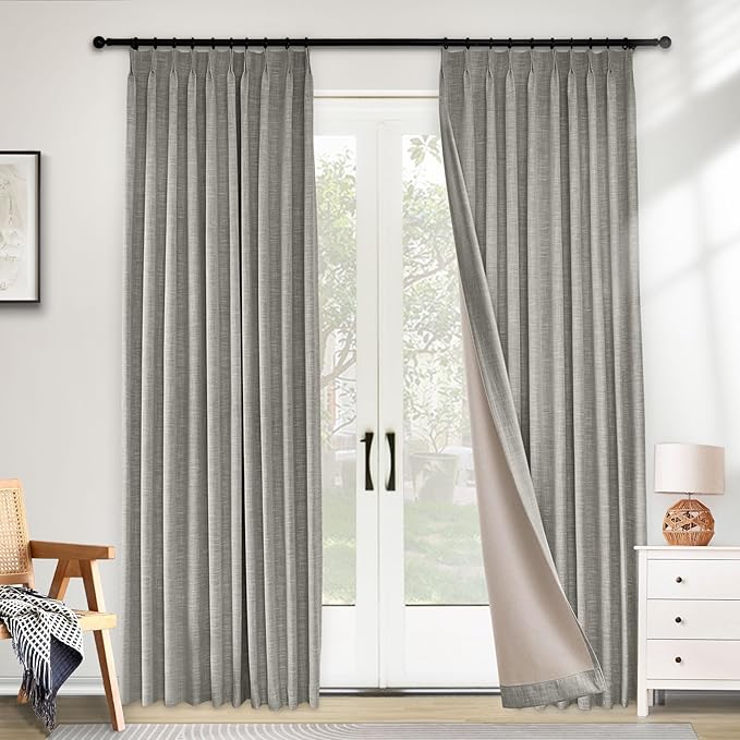 Macochico Blackout Curtains Thick Linen Texture Pinch Pleated Drapes for Living Room Bedroom Windows Nursery Modern Farmhosue Curtains Elephant Grey Blackout Panels with Tieback 84" Wx84 L 1 Panel