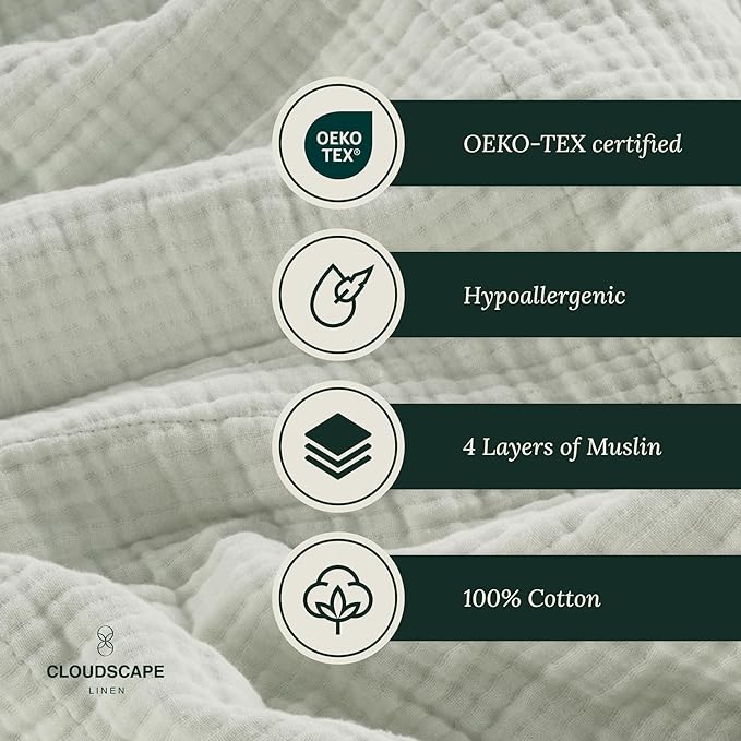 Cloud Scape Linen Extra Large 4 Layer Muslin Throw Blanket - 100% Cotton Gauze, Lightweight & Breathable All Season, Pre-Washed, for Couch & Bed, 50x70, Seafoam Green