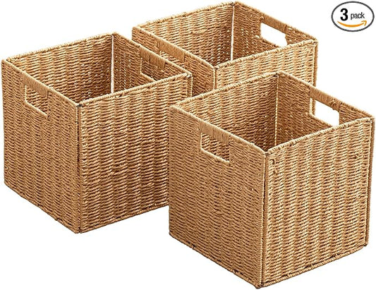 Foldable Storage Baskets with Handles Paper Rope Storage Baskets Rectangle Collapsible Hand Woven Storage Cubes Bins for Organizing Shelves Living Room Bedroom Pantry (3, 11'' x 11'' x 11'')