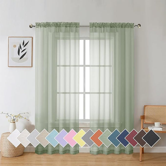Aiyufeng Sage Green Sheer Voile Window Treatment Rod Pocket Curtain Panels for Kitchen Bedroom Living Room Drapes Sunlight Filtering Privacy Semi Home Decor Assorted Colors Sizes (40 W x 72 L)
