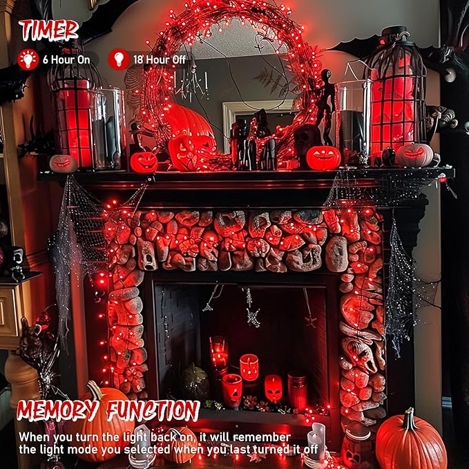 JMEXSUSS 150 LED Red Halloween Lights Indoor Outdoor Waterproof, Connectable 59 Ft Red String Lights Plug in, 8 Modes Christmas Light for Bedroom Patio Party Halloween Decor