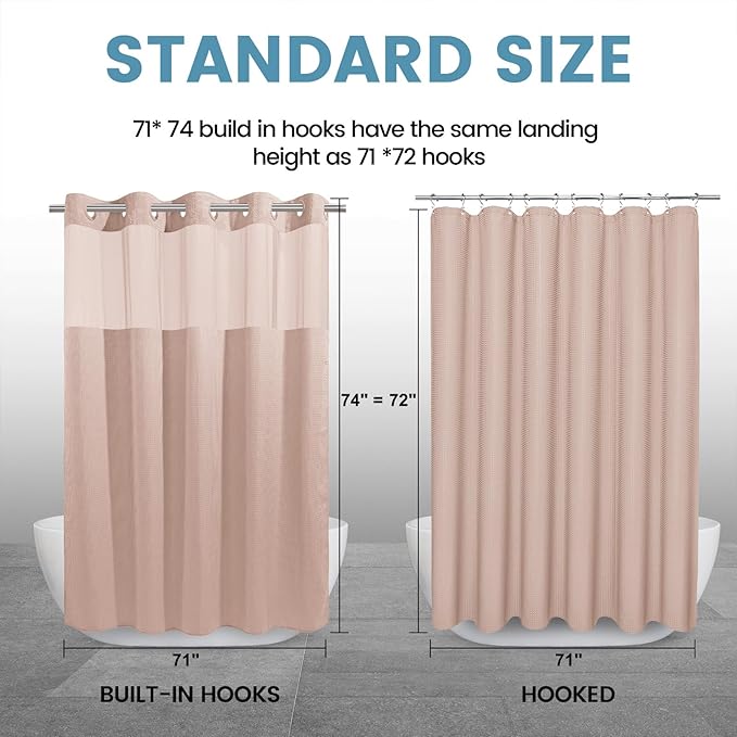 Blush Pink No Hook Shower Curtain with Snap in Liner,230GSM Waffle Weave Shower Curtains for Bathroom,71W x 74H