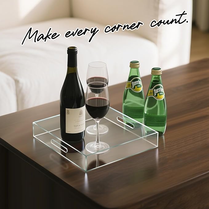 Clear Acrylic Serving Tray with Handles-Butler Trays for Coffee Table, Snacks,Breakfast in Bed, Kitchen Countertop,Vanity,Makeup Organizer,Ottoman (Clear, 12x12 Inches)