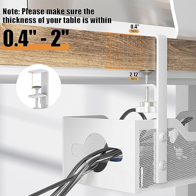 Under Desk Cable Management Tray 13.38", Quszmd Cable Organizer No Drill, Standing Cord Organizer and Wire Management Tray - No Damage to Desk, White