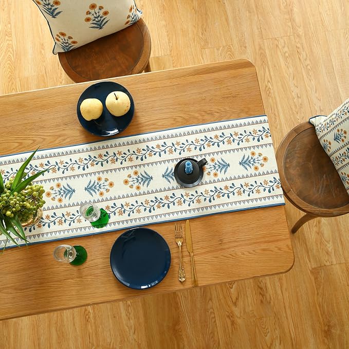 ISAENNE Designer Pale Yellow Elegant Linen Extra Long Table Runner 118 Inches,French Floral Pattern Elegant Table Runners for Dining Tables,Thanksgiving,Kitchen Tables,Christmas,12"*118"-Estevan A