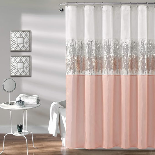 Lush Decor Night Sky Shower Curtain, Single, 72" W x 72" L, White & Blush - Sequin Shower Curtain - Sparkly Color Block Bath Curtain - Modern Glam Bathroom Decor