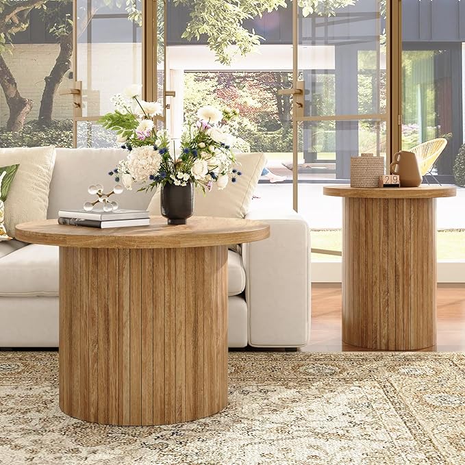 Nesting Coffee Table Set of 2, Mid Century Modern Round Coffee Table, Wood Slat Side Table Set for Living Room, Office, Balcony (Natural Oak)