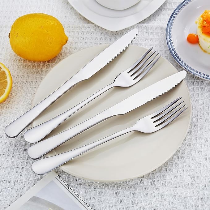 60 Piece Silverware Set, Food-Grade Stainless Steel Silverware Set for 12(Includes 12 Knives, 12 Forks, 12 Spoons, 12 Teaspoons, 12 Dessert Forks),Mirror Polished, Dishwasher Safe