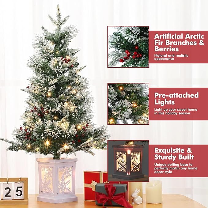 3 Ft Pre-Lit Christmas Tree, Artificial Christmas Trees with Lighting, Xmas Trees with 78 Led Lights, Christmas Decoration for Home, Office, Easy Assembly
