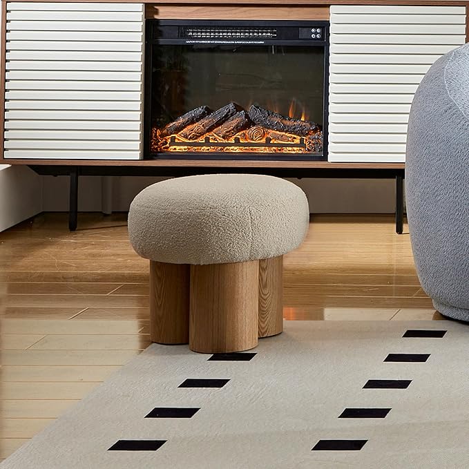 Small Round Foot Stool, Teddy Fabric Ottoman with Non-Skid Legs, Modern Footrest for Under Desk, Sofa Couch, Shoe Changing Bench for Entryway, Living Room, Bedroom, Office (Beige)