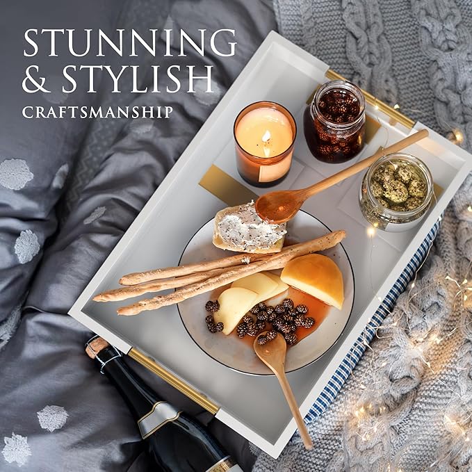 Wood Serving Tray with Gold Polished Metal Handles, Home Decorative Wooden Rectangle Ottoman Decor Platter Bathroom Vanity Tray for All Occasions, Gloss Finish, 16"x12", White