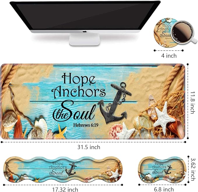 Ergonomic Keyboard Wrist Rest & Mouse Pad Wrist Rest Set, Large XXL Gaming Desk Mat 31.5"x 11.8", Non-Slip Base, Memory Foam, Easy Typing Pain Relief for Office & Home, Bible Verses Hebrews 6:19