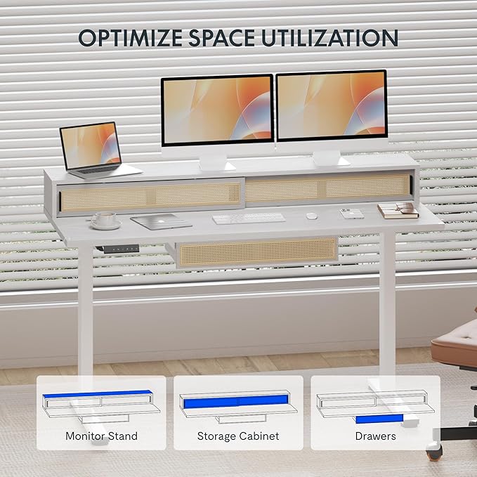 FLEXISPOT Q4 One-Piece Standing Desk with Rattan Drawers, 55 x 24 Inch Adjustable Height, Electric Stand Up Table with Monitor Shelf, Home Office Ergonomic Computer Desk with Memory Presets, White