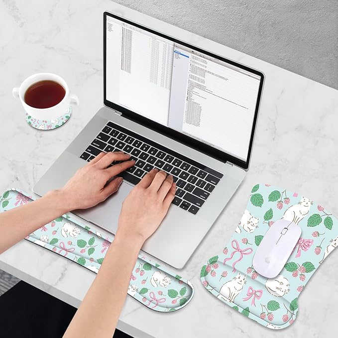 AIMSA Ergonomic Keyboard Wrist Rest and Mouse Pad with Wrist Support, Cute Memory Foam Mousepad Set for Computer, Laptop, Gaming and Office, Easy Typing, Pain Relief,Pink Bows