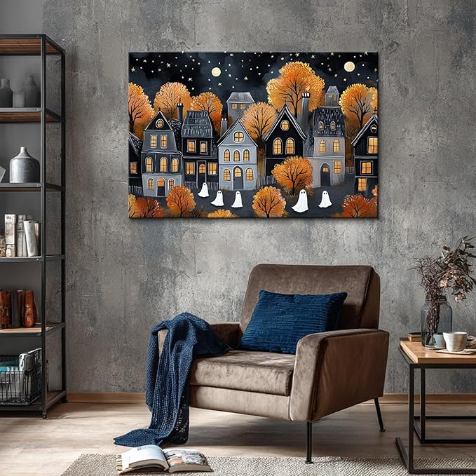 BANHUA1 Halloween Village Scene Canvas Wall Art, Ghosts And Autumn Foliage Print, Dark Academia Wall Decor for Home, Living Room, 18 x 12 Inch