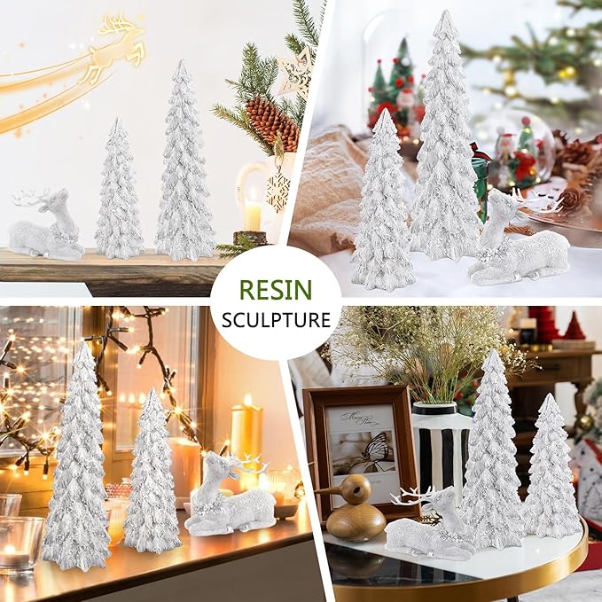 3 Pack Christmas Trees and Reindeer Figurines Decoration- 2 Glittered Christmas Tree Statues and 1 Deer Vintage Christmas Decor Set, Resin Ornaments Tabletop Shelf Office Display Stand Indoor(Silver)