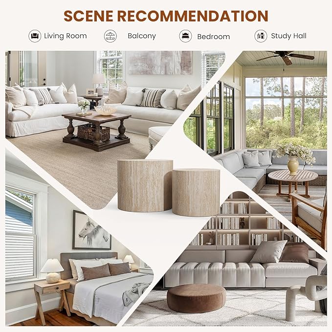 Nesting Coffee Tables Set of 2 Wooden Round Coffee Table Circle Nested Table Modern Coffee Table Round Accent Tables Set for Living Room Bedroom Office (Light Wood Color D18.1+D14.6“)