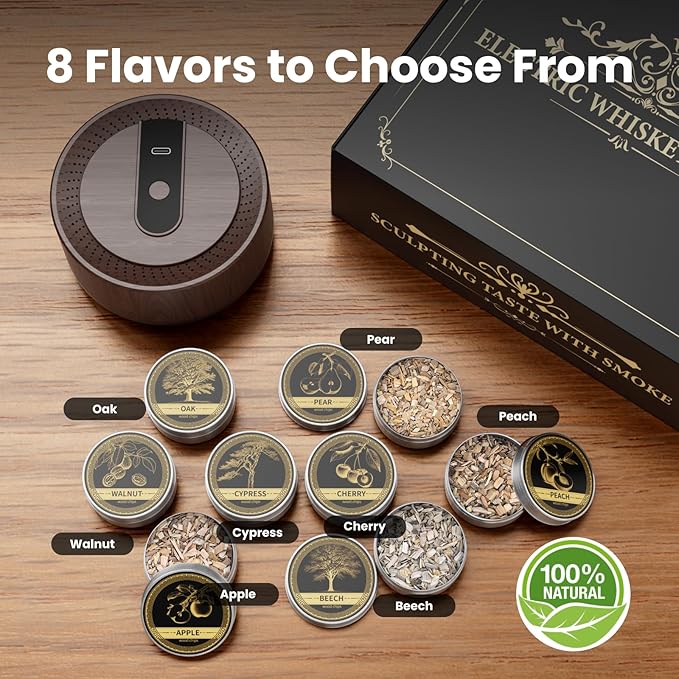 Electric Whiskey Smoker Kit with 8 Wood Chip Flavors – Rechargeable Whiskey Smoker Set with Built-in Ignition, Fuel-Free – For Men, Dad, Husband on Special Occasions – Wood Grain Design