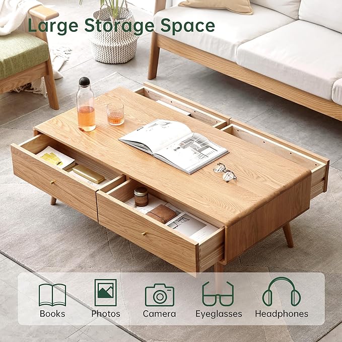 100% Solid Wood Coffee Table for Living Room, 47.24" W Mid Century Modern Coffee Table with 4 Drawers, Oak Coffee Tables for Home (Natural Wood Color, 47.24" W)