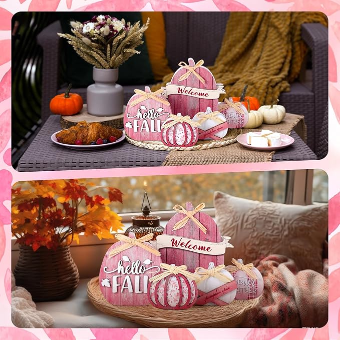5 Pcs Fall Pink Pumpkin Decor for Home Thanksgiving Wooden Table Centerpiece Decorations Fall Wooden Pumpkin Signs for Autumn Farmhouse Home Living Room Kitchen Mantle Tabletop Supplies