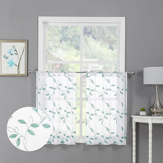 Tollpiz Teal Blue Leaf Sheer Tier Curtain Leaves Embroidered Kitchen Curtains Rod Pocket Voile Bathroom Window Treatment for Cafe, 30 x 36 inches Long, Set of 2 Panels