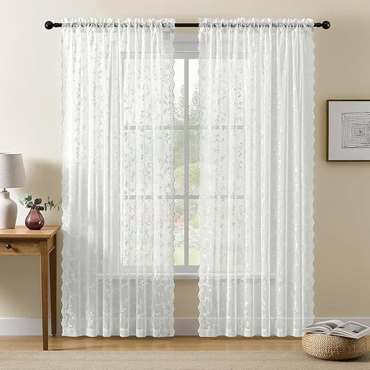 Sheer Lace Curtains 63 Inches Long, Vintage Floral Light Filtering Ivory Lace Curtains for Living Room & Bedroom, Rod Pocket, 2 Panels Set, Branch Pattern (Ivory, 52" W x 63" L)