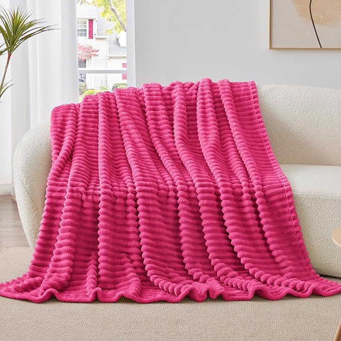 BEDELITE Fleece Throw Blanket for Couch - 300GSM Soft & Warm Fluffy Pink Blanket, Decorative and Giftable Striped Blankets for Women, Men, 50"x60"
