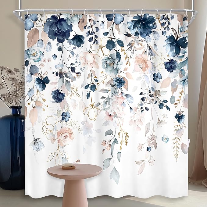 Blue Pink Floral Shower Curtain 60Wx72L Inch Flower Watercolor Wildflower Blossom Rustic Eucalyptus Leaves Plant Spring Bathroom Set Girl Botanical Bath Curtain Bathtub Accessories Home Decor