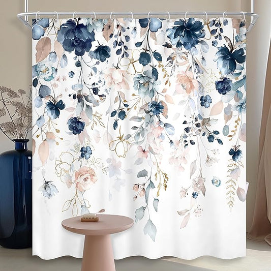 Blue Pink Floral Shower Curtain 60Wx72L Inch Flower Watercolor Wildflower Blossom Rustic Eucalyptus Leaves Plant Spring Bathroom Set Girl Botanical Bath Curtain Bathtub Accessories Home Decor