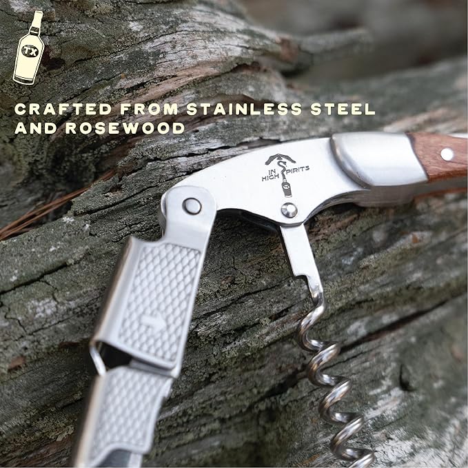 Corkscrew and Wine Key - Bottle Opener for Servers and Bartenders - Rosewood and Stainless Steel - Double Hinged - Waiters Wine Opener