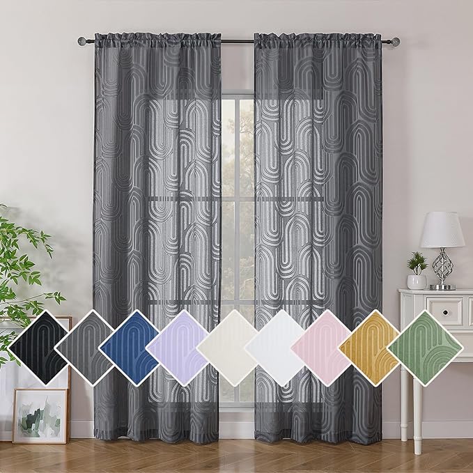 Simplebrand Charcoal Grey Semi Sheer Curtains 84 Inches Long 2 Panels, Soft Airy Light Filtering Jacquard Clip Textured Semi Sheer Curtains for Living Room, Modern Rod Pocket Window Panels, 42"Wx84"L