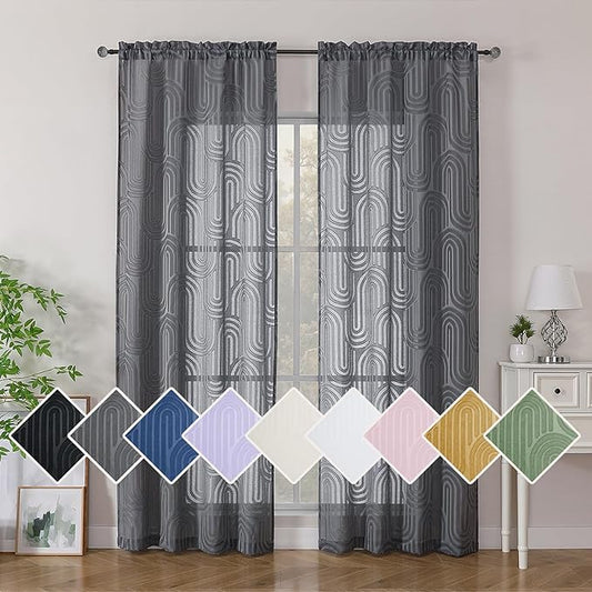 Simplebrand Charcoal Grey Semi Sheer Curtains 84 Inches Long 2 Panels, Soft Airy Light Filtering Jacquard Clip Textured Semi Sheer Curtains for Living Room, Modern Rod Pocket Window Panels, 42"Wx84"L