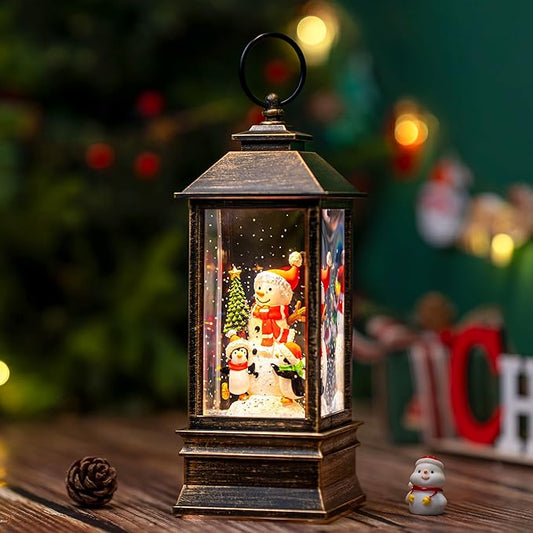 10.4" Christmas Snow Globe Water Lantern with Snowman and Penguin Scene Battery Operated or USB Powered Musical Lighted Holiday Decoration for Tabletop Display for Family and Friends