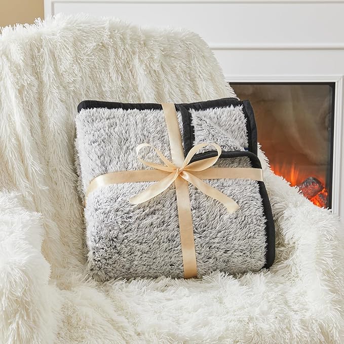 EMME Soft Sherpa Fleece Blanket Reversible Plush Fluffy Large Blanket, Light Weight Warm Decorative Boho Blanket Cover for Sofa, Couch, Bedroom,Travel(Black,108"x90")