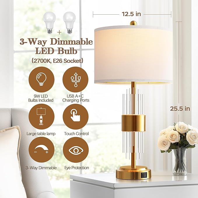 QiMH Table Lamp for Living Room with USB A+C Ports, Gold Bedside Lamps for Bedrooms Set of 2 with Touch Control, Modern Nightstand Lamp White Lamp Shade Home Office Decor (2700K LED Bulb Included)