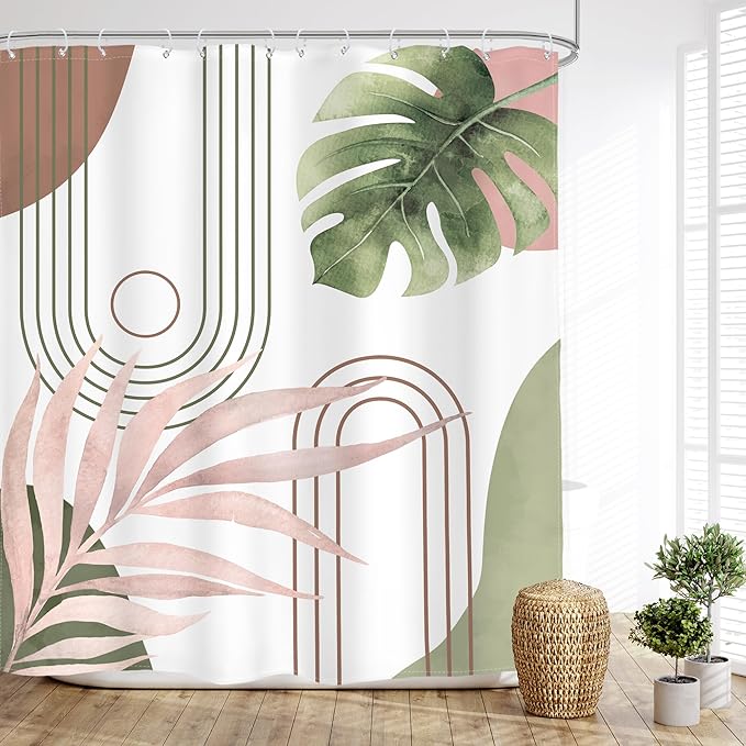 Glawry Abstract Tropical Shower Curtain Chic Boho Plant Palm Leaf Watercolor Pink Green Simple Minimalist Bathroom Modern Botanical 60Wx72L Inches Bath Accessories Art Home Decor Fabric with Hooks