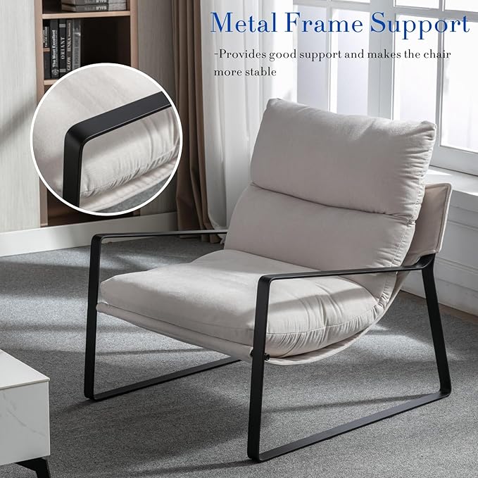 HEAH-YO Modern Accent Chairs Set of 2, Chenille Fabric Living Room Chairs with Removable Cushion and Solid Metal Frame, Comfy Reading Chairs for Bedroom, White