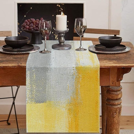 Emvency Yellow Abstract Table Runner, Modern Grey White Art Painting for Kitchen Coffee Table Family Dinners Holiday Parties Wedding Events Decor(13x72 inch)