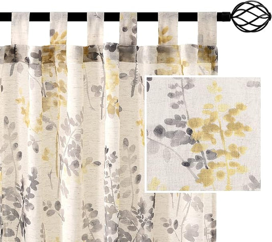 H.VERSAILTEX Linen Sheer Curtains for Living Room Sheer Panels 63 Inches Long Light Filtering Tab Top Window Treatment Drapes for Bedroom, 2 Panels, Vintage Classical Floral Print Yellow and Taupe
