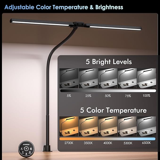 Desk Lamp with Clamp, 31.5" LED Desk Lamp for Home Office, 24W Gesture Sensing Control Desk Light, Dimmable & Color Temperature, Eye-Caring Office Lamp, Brightest Architect Lamp for Screen