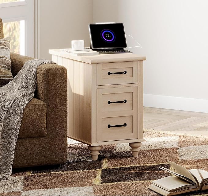 WAMPAT 2 Pack End Tables with Charging Station, Farmhouse Narrow Side Table with Drawer & Storage Cabinet, Beige Nightstand with Power Outlets & USB Ports for Living Room, Bedroom