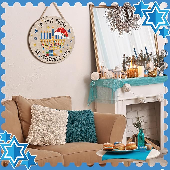Blosssound 3 Pcs Door Decorations Front Hanging Door Sign Hanging Ornament Wooden Wall Sign Hanger for Celebrations Farmhouse Home Living Room Party Supplies(Happy Hanukkah)