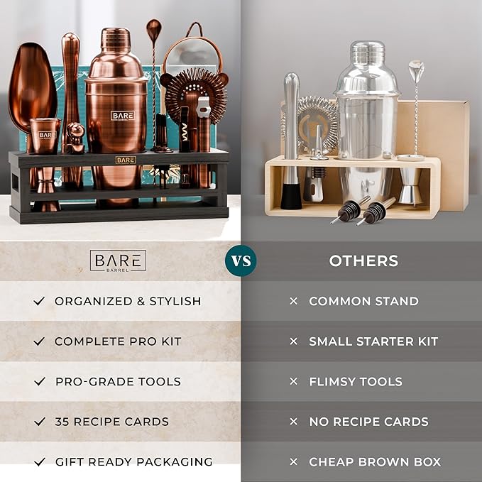 BARE BARREL® Mixology Bartender Kit Bar Set | 16-Piece Cocktail Shaker Set | Martini Barware Mixing Tools for Home Bartending | Incl. 35 Recipe Cards | Gift Set (24oz Cobbler Shaker, Copper/Black)