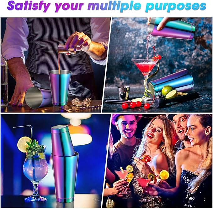 Lallisa 10 Pieces Cocktail Shakers Professional Bar Boston Shaker Set Stainless Steel Martini Shaker Drink Mixer Basic Tools Weighted Shake Metal Can for Bartenders, 18 Oz, 28 oz(Rainbow)
