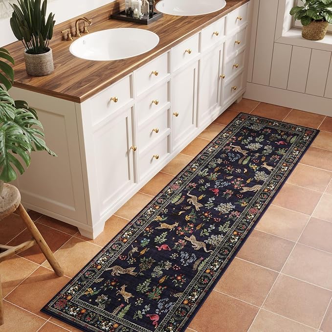 Rugcomf Runner Rug for Kitchen Rug Non Slip 2'6''x8' Washable Rugs with Rubber Backing Soft Floral Animal Carpet Runner for Kitchen, Laundry, Bedroom, Bathroom (Blue)