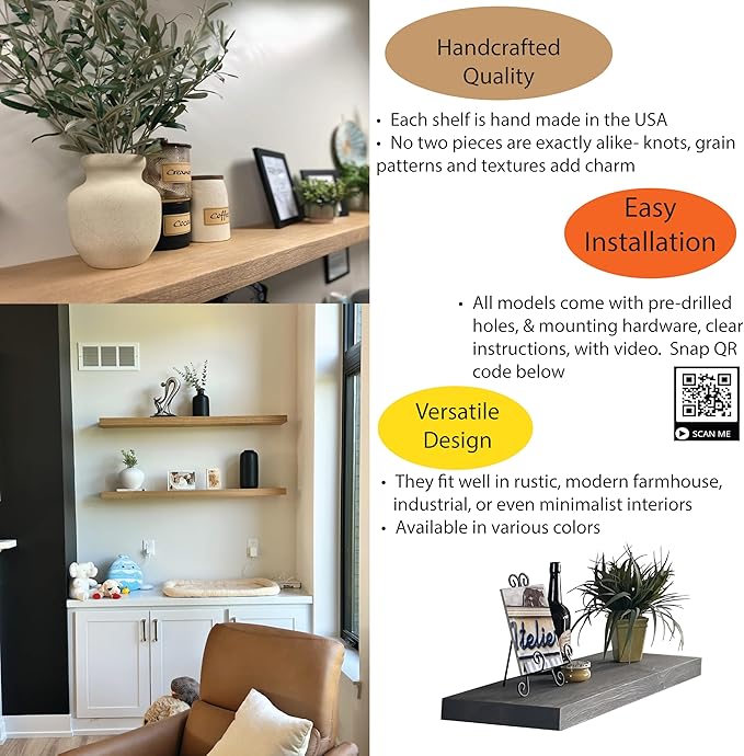 joelsantiques 24 Inch Wooden Floating Shelves for Wall - 24x6x2 in - Made of Natural Wood - Short Heavy Duty Rustic Wall Shelves for Bedroom - Perfect for Bathroom, Kitchen - Black