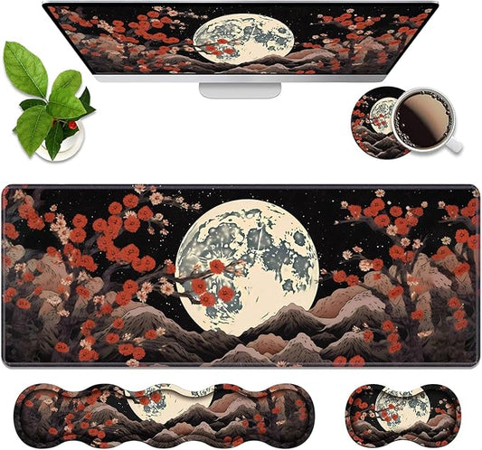 4 in 1 Ergonomic Memory Foam Mouse Pad Wrist Rest Set, Large XXL Gaming Desk Pad + Keyboard Wrist Rest + Mouse Wrist Cushion + Coaster for Home Office Study Gaming, Moon Peak Flowers