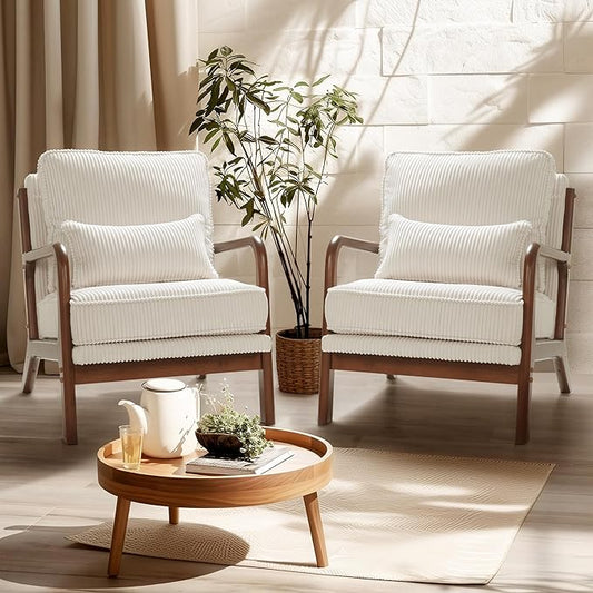 FLEXISPOT AC1 Mid Century Modern Accent Chairs Set of 2, Corduroy Upholstered Armchairs with Wood Frame, Thick Backrest & Lumbar Pillow, Comfy Reading Chairs for Living Room, Bedroom, Balcony (White)