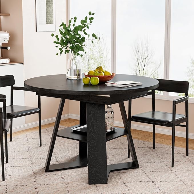 43.3in-59in Extendable Round Dining Table for 2-8,Modern Kitchen Oval Dining Table with Removable Leaves Space Saving,Wood Base with Storage Shelf for Kitchen Living Room (Black Style 3)